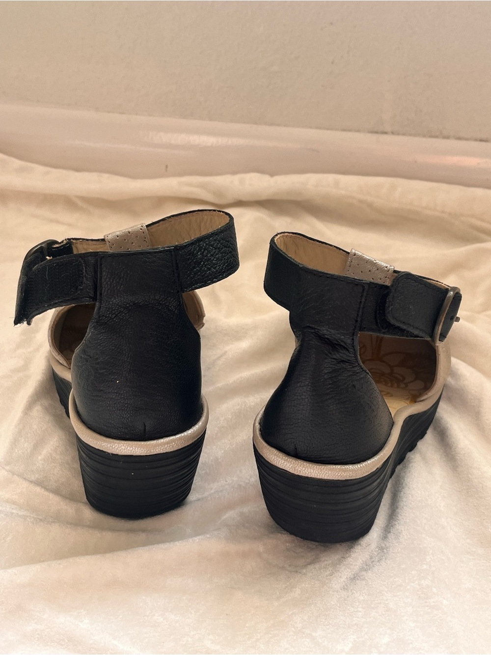 Fly London Metallic Gold $240 Perforated Wedge Sandals with Black Ankle Strap - Picture 5 of 10